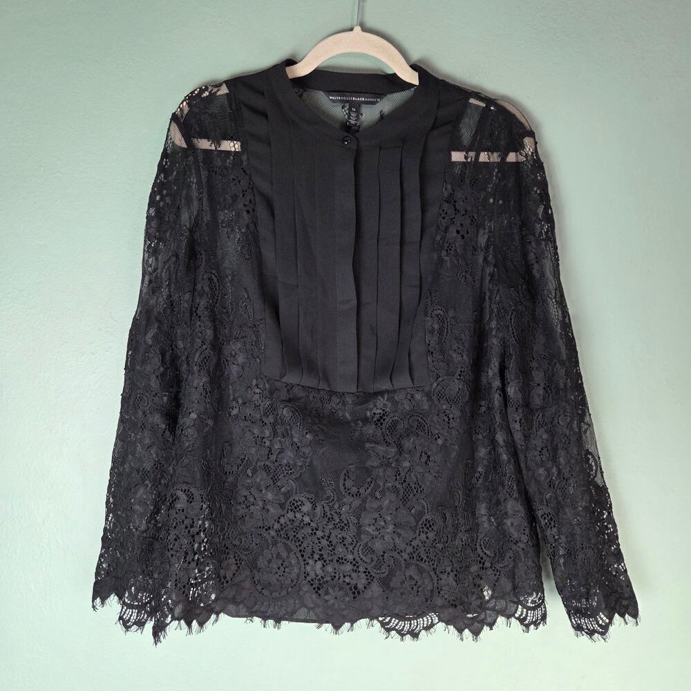 White House Black Market Top Women 14 Black Floral Lace Pleated WhimsiGoth Witch